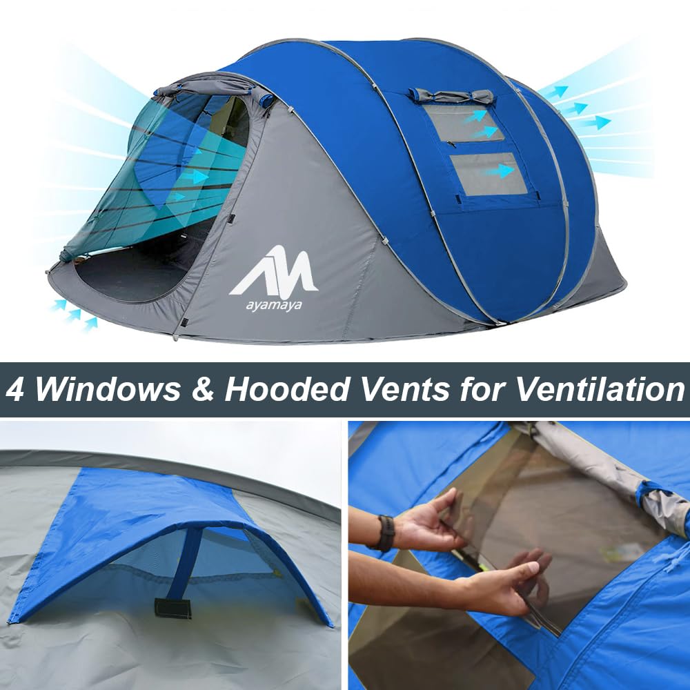 AYAMAYA Pop Up Tent 6 Person Easy Pop Up Tents for Camping with Vestibule, Double Layer Waterproof Instant Setup Popup Tent Big Family Camping Tents Beach Pop-up Tent Space for 2/3/4/5/6 People Man