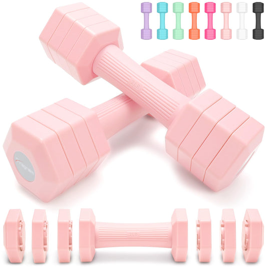 Adjustable Dumbbells Set, 4 in 1 Hand Weights Set for Women Men 10 LB Dumbbell Pair Each 2lbs 3lbs 4lbs 5lbs Weights Dumbbells Set with TPU Soft Rubber Handle for Home Gym Exercise Fitness - Pink