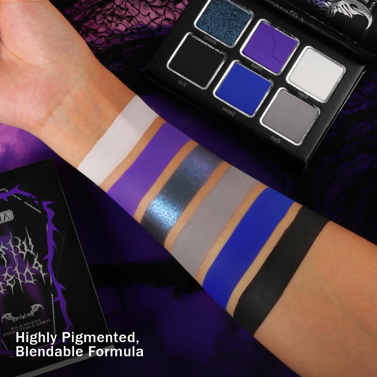 Afflano Goth Eyeshadow Palette Purple Blue, Multichrome Chrome Blue Purple Matte Black White Grey Dark Eye Shade, Gothic Halloween Makeup Eye Shadow Pallet for Joker Clown Cosplay SFX Makeup Costume