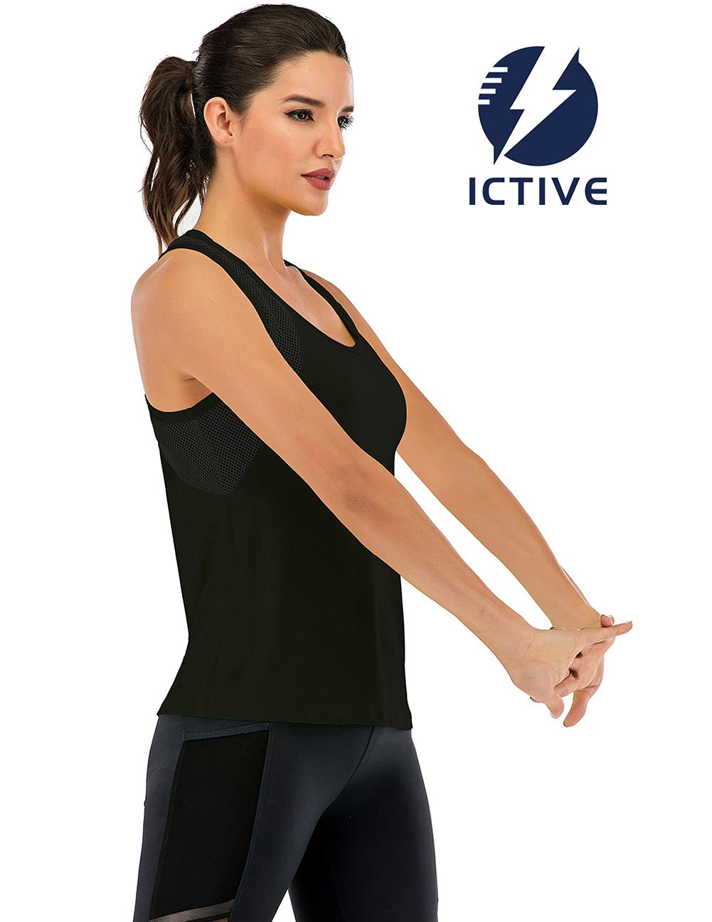 ICTIVE Workout Tank Tops for Women Loose Fit Yoga Mesh Racerback Open Back Muscle Running Activewear Gym Shirts Black M