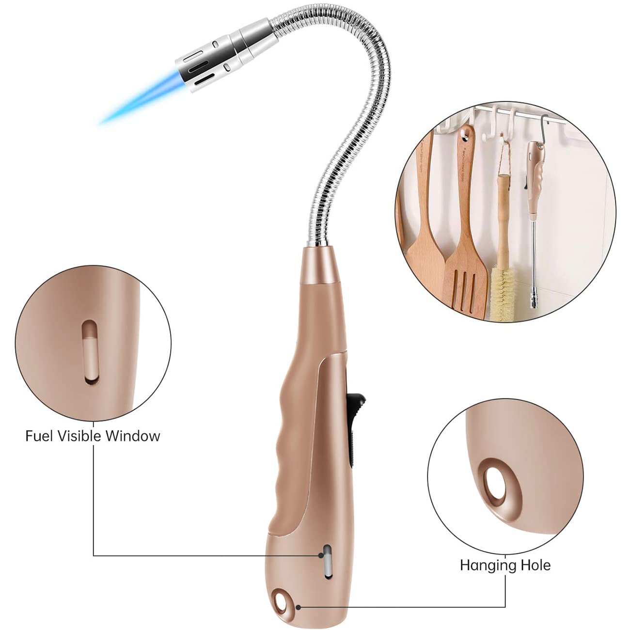 Butane Lighter Torch Long Lighter Jet Flame Windproof Lighter with Visual Fuel Window for Fireplace Kitchen Grill BBQ Camping, Pink (No Butane Included)