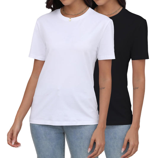 Abardsion Two Pack Basic Tees for Women Short-Sleeve Crewneck Plain Casual Loose Fitted Stretch Cotton T Shirts Tops(Black/White, S)