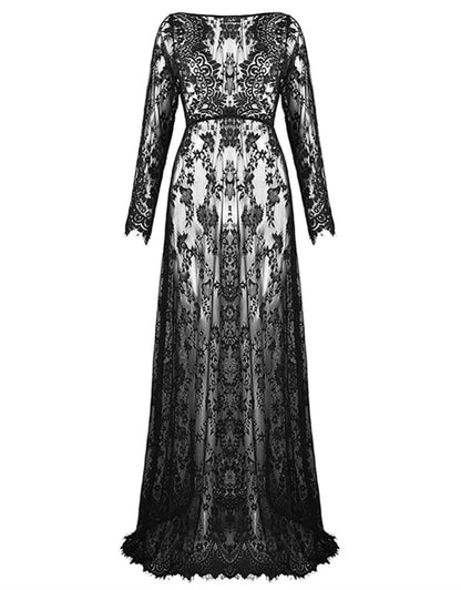 ZIUMUDY Sexy Deep V-Neck Long Sleeve Lace Beach See-Through Maternity Maxi Dress (XX-Large, Black)