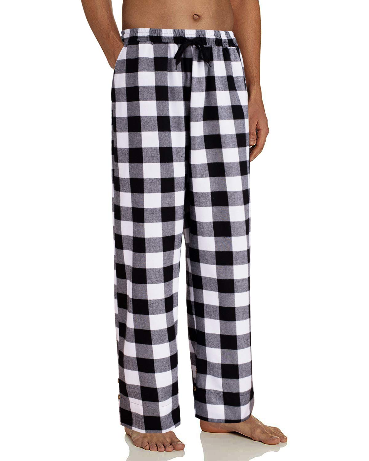 Alimens & Gentle Mens Heavyweight Flannel Plaid Pajama Pants 100% Cotton Sleep Lounge Pant White Black Medium