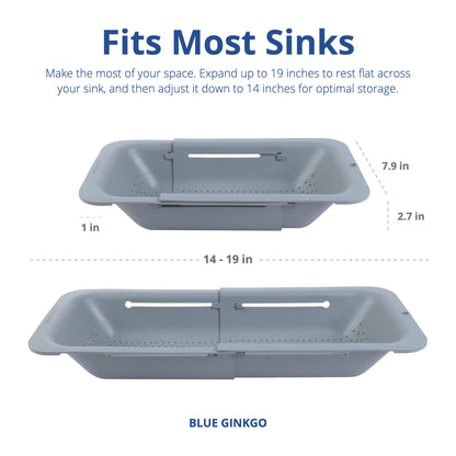 BLUE GINKGO Over the Sink Colander Strainer Basket - Wash Vegetables and Fruits, Drain Cooked Pasta and Dry Dishes - Extendable - New Home Kitchen Essentials (7.9W x 14-19L x 2.75H) - Gray