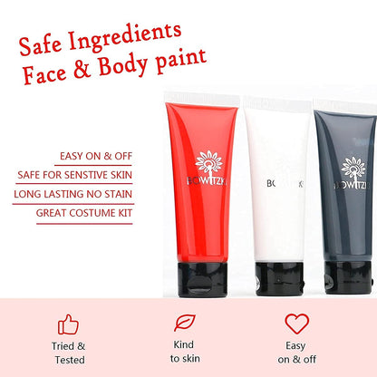 Bowitzki Halloween Makeup Kit Cream Face Paint Water Based Liquid Latex Fake Blood Brush Sponges Body Painting Special Effects SFX Zombie Vampire Monster Christmas Party red black white