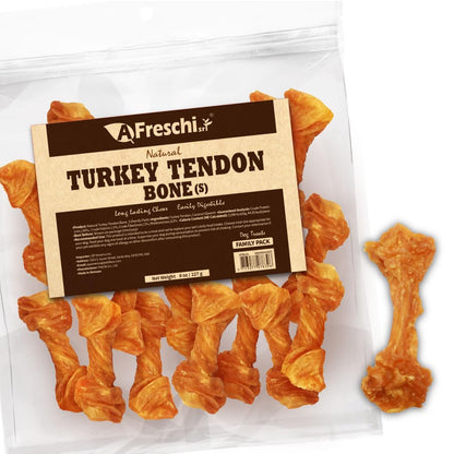 AFreschi Natural Turkey Tendon Bone (S) 8 oz, USA-Sourced Turkey Tendon, All Natural Puppy Chew, Hypoallergenic, Rawhide Alternative, for Small Breeds