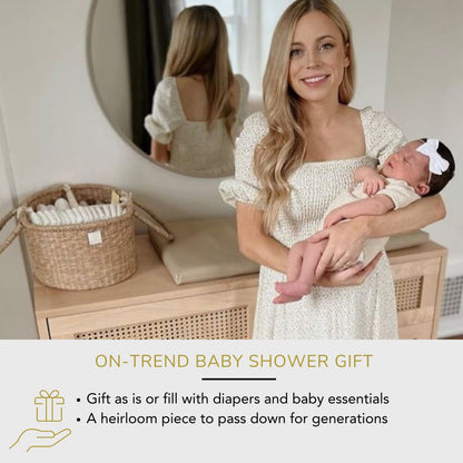 BEBE BASK Premium Baby Diaper Caddy Organizer - Artisan-Made Seagrass Basket With Cotton Divider - Award-Winning & Luxury Diaper Caddy Basket (ROSA)