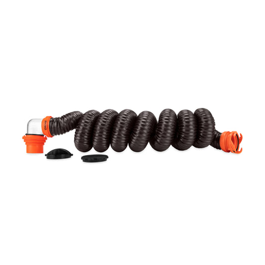 Camco RhinoFLEX 15-Ft Camper/RV Sewer Hose Kit - Features Clear Elbow Fitting w/Removable 4-in-1 Adapter - Connects to 3” Slip or 3”/3.5”/4” NPT Threaded Sewer Connection (39761)