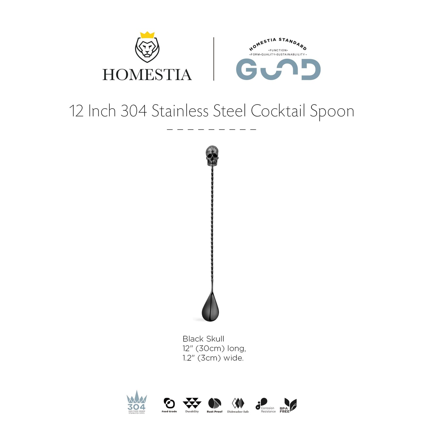 Homestia 12-Inch Skull Bar Spoon, 304 Stainless Steel Cocktail Spoon for Layering Long Spiral Handle Mixing Spoon Stirrers for Drink Black