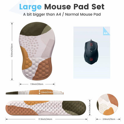 HAOCOO Ergonomic Mouse Pad with Wrist Rest and Keyboard Wrist Rest, 3 PCS Computer Carpal Tunnel Mouse Pads for Desk with Coaster Set, Memory Foam Keyboard Wrist Support for Laptop Office, Boho Beige