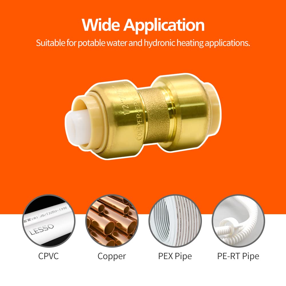 2/6/12 Pack Push-to-Connect Plumbing Fittings, 1/2" Pushfit Straight Fittings with Disconnect Clip for Copper, PEX, CPVC Pipe (1/2" Straight, 2)