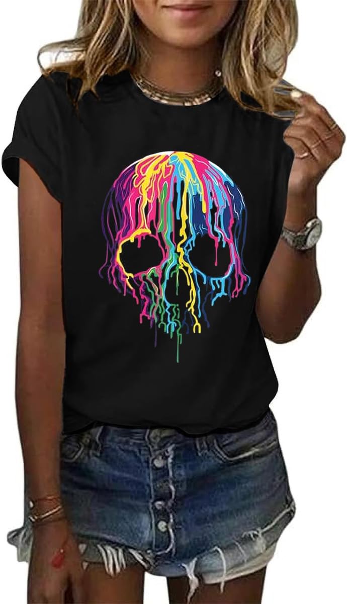 Women's Funny Colorful Melting Skull Shirt Halloween Fall Skeletons Graphic Short Sleeve Tee Scary Tops Blouse(XL,Black-03Skull)