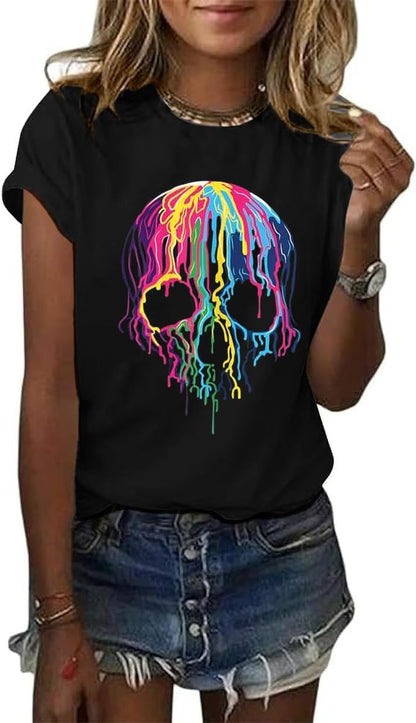 Women's Funny Colorful Melting Skull Shirt Halloween Fall Skeletons Graphic Short Sleeve Tee Scary Tops Blouse(XL,Black-03Skull)