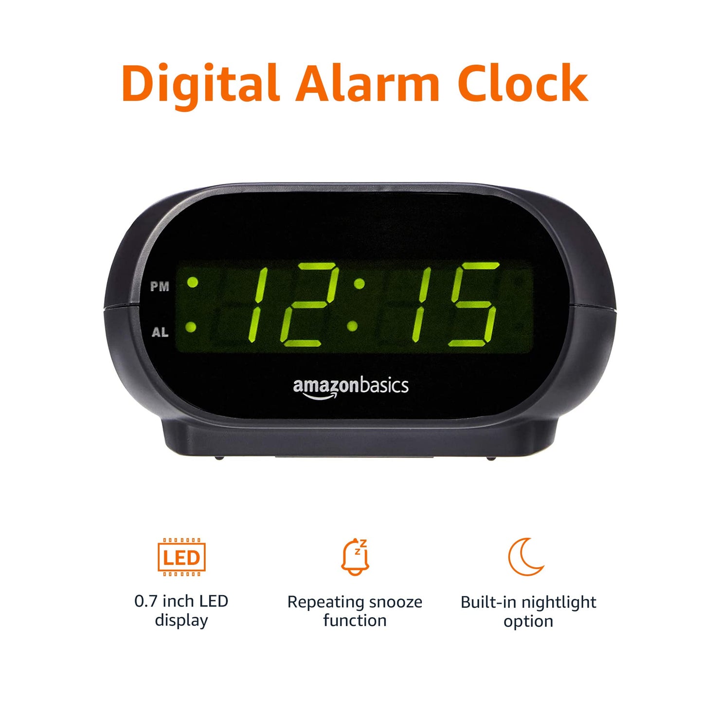 Amazon Basics Small Digital Oval Alarm Clock With LED Display, Nightlight & Battery Backup, Black, 4.5 x 3.5 x 2.4 Inches