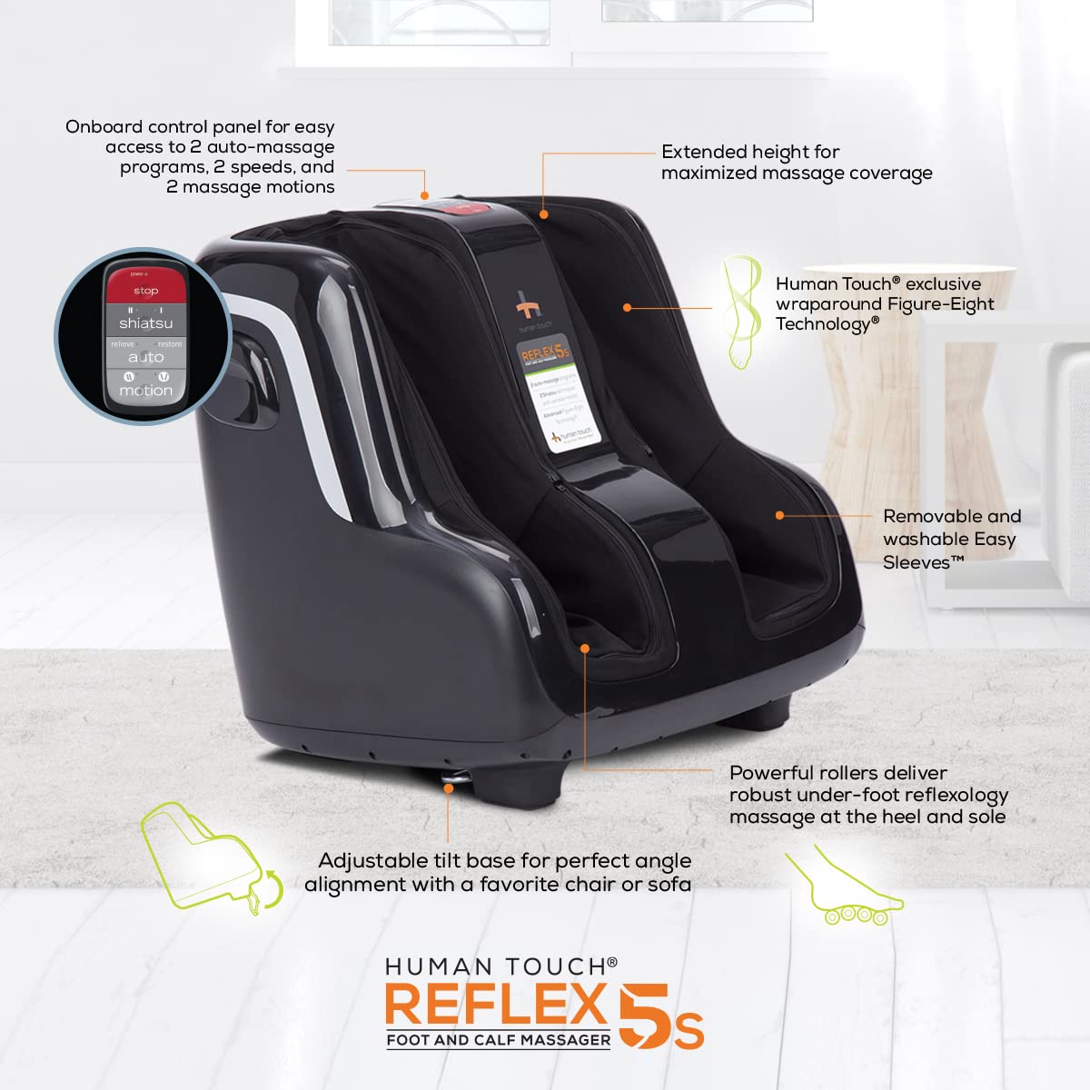 Human Touch Reflex5s Foot & Calf Massager for Stress & Plantar Fasciitis Relief+Relaxation +Kneading & Compression for Circulation Support -1 Year Warranty - Adjustable Fit for Women & Men Size 12