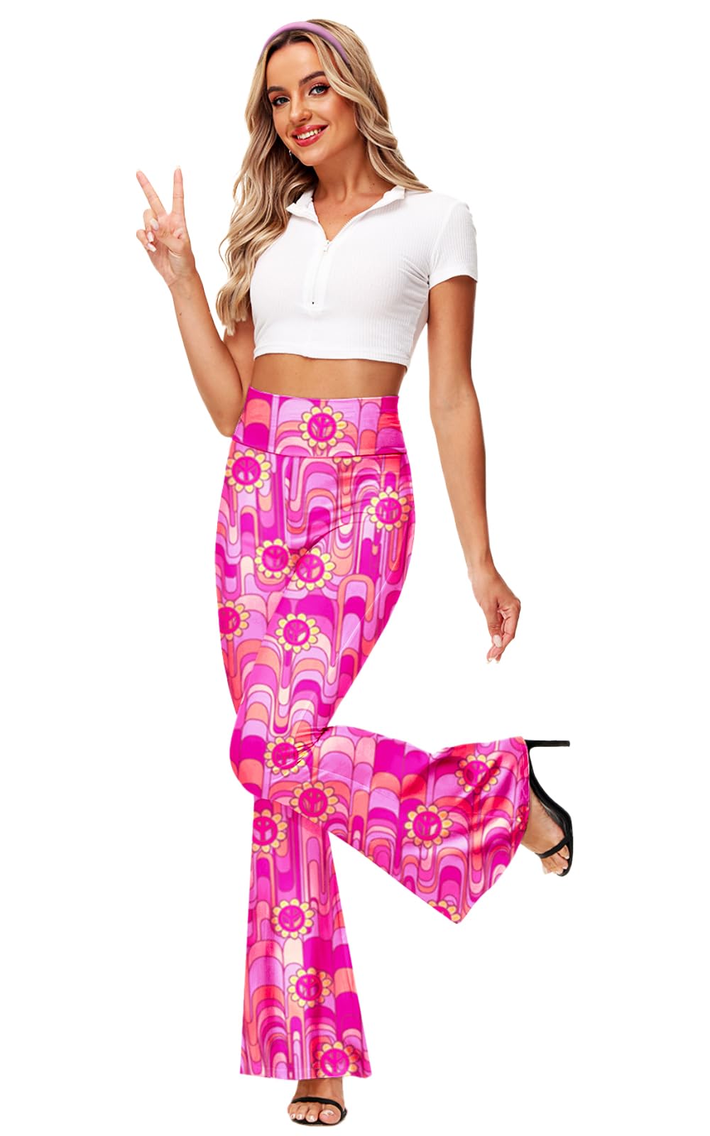 Women Hippie Bell Bottom Halloween Flare Floral Yoga Pants 60s Disco Retro Costume Trousers 2XL Pink