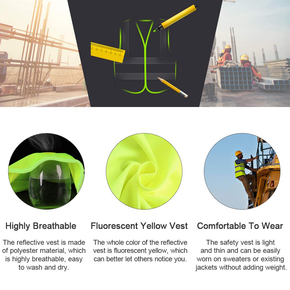 BUZIFU 4pcs Safety Reflective Vests, Yellow High Visibility Vest, to Improve Visibility at Night or in Low Light Conditions, for Running/Biking/Walking