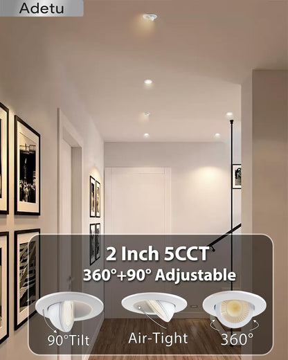 Adetu 2 Inch 5CCT Gimbal Led Recessed Lighting with Junction Box, 360°+90° Adjustable Recessed Can Lights, 2700K/3000K/3500K/4000K/5000K Selectable, 5W Eqv 50W, 550LM Brightness - ETL (White,12 Pack)