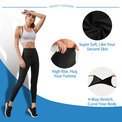 High Waisted Leggings for Women - No See Through Tummy Novelty Workout Yoga Pants with Pockets Reg & Plus Black