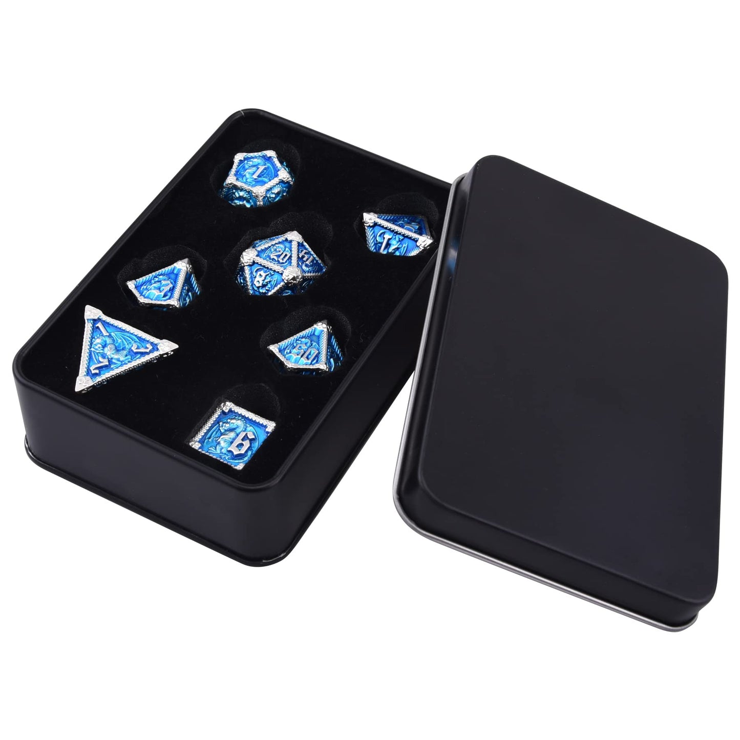 AUSTOR 7-Die Metal DND Dice Set Dungeons and Dragons Polyhedral Roll Playing Dice with Box D20 D12 D10 D% D8 D6 D4 for Pathfinder MTG RPG Board Games