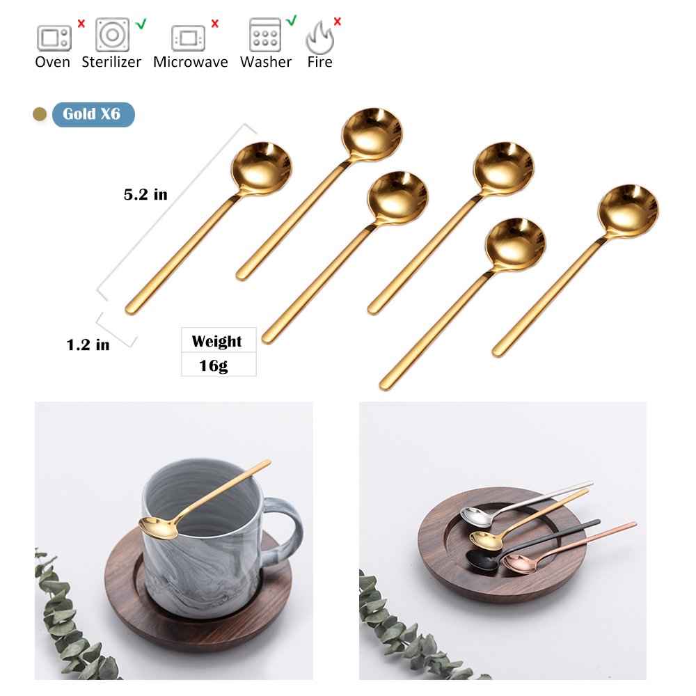 6 PCS Gold Coffee Spoons, 18/8 Stainless Steel Espresso Spoons, 5.2 Inches Vogue Mini Tea Spoon, Cappuccino Stirring Small Spoon for Dessert, Ice Cream, Frosted Handle, Sweejar (Gold)