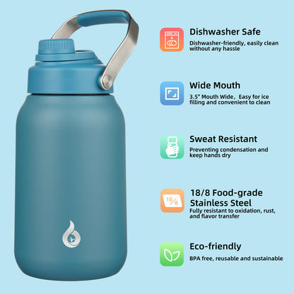 BJPKPK Half Gallon Insulated Water Bottles, 64oz Water Jug with Metal Handle & BPA Free Spout Lid, Dishwasher Safe Thermo, Large Stainless Steel Gym Sport Jugs, Navy Blue
