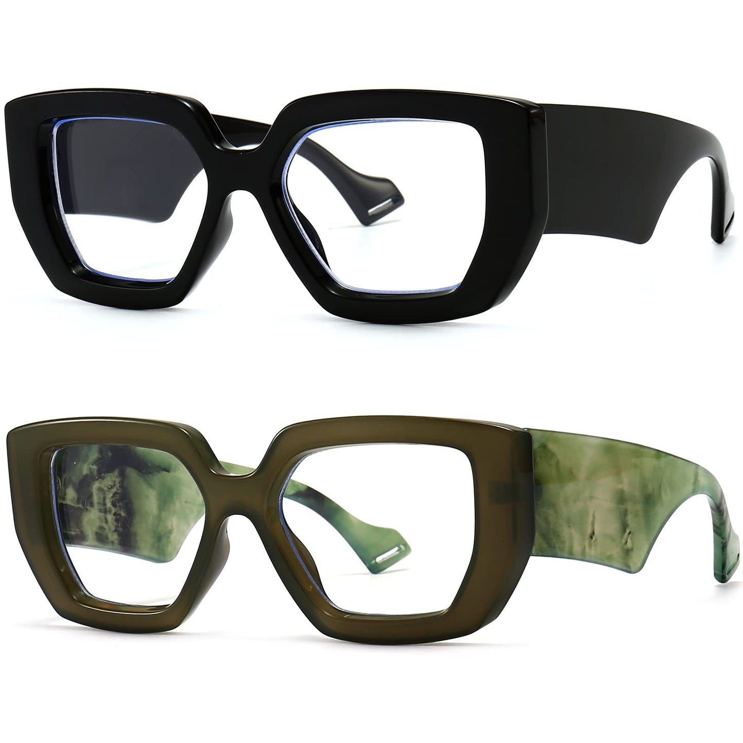 Breaksun Thick Frame Blue Light Glasses for Women Men Fashion Oversized Square Computer Gaming Eyeglasses (Black+ Olive green)