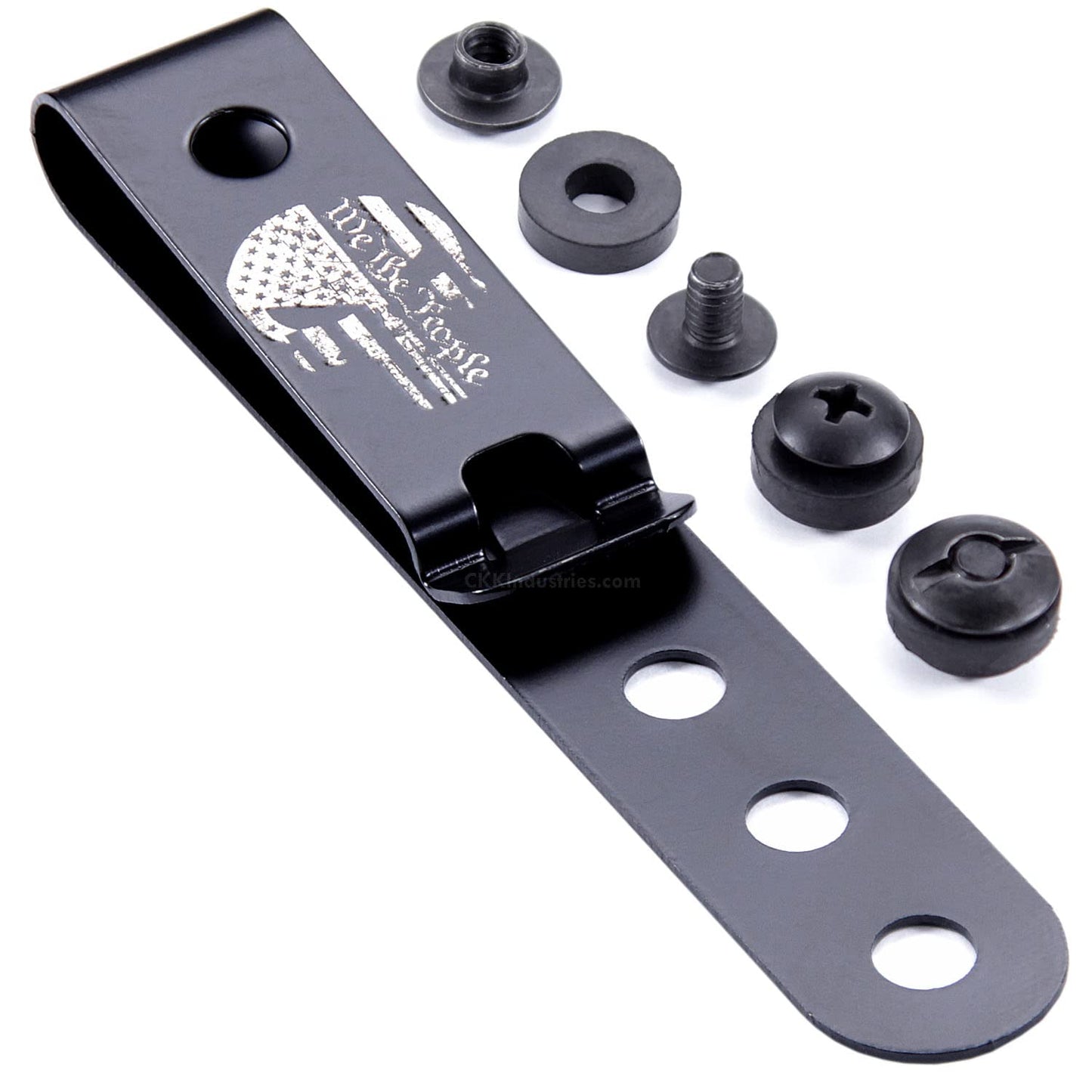 HolsterSmith Universal Metal Belt Clip for Holster Making - (Model 5) - (3-Hole) - (Tactical Black) - (w/Punisher Skull - We The People Engraving) - (w/Mounting Hardware) - (1 Pack)
