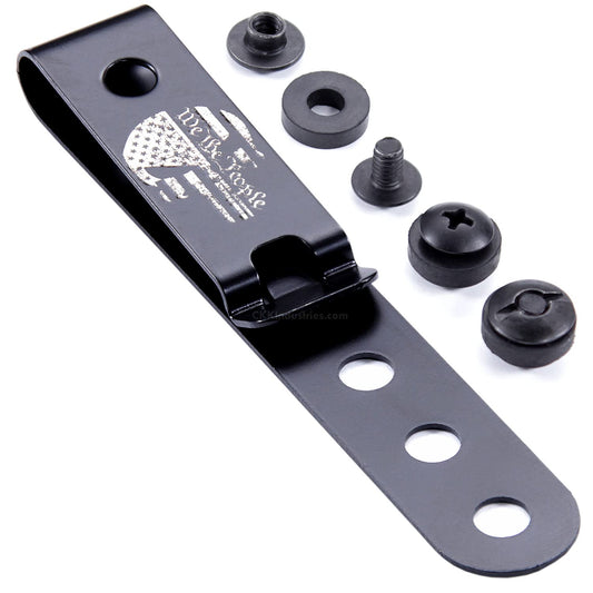 HolsterSmith Universal Metal Belt Clip for Holster Making - (Model 5) - (3-Hole) - (Tactical Black) - (w/Punisher Skull - We The People Engraving) - (w/Mounting Hardware) - (1 Pack)