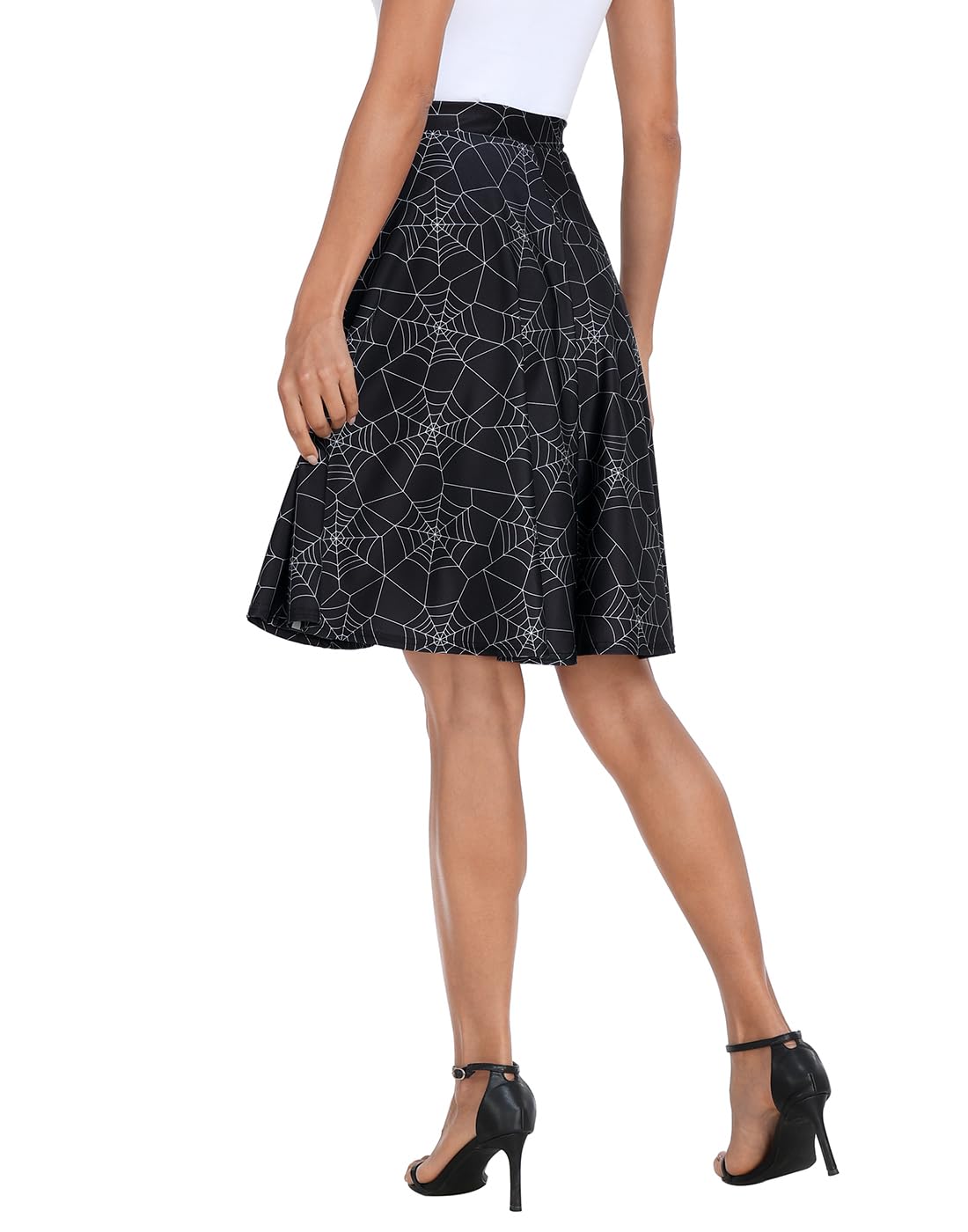 HDE Skirts for Women - Midi Skirt Skater Skirt Knee Length High Waist Fun Prints Spiderweb - XL