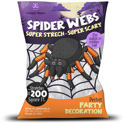 Happy Hippo Halloween Spider Web Decoration, 200 Sqare Feet & Plastic Spiders, Halloween Party Supplies, Spider Webs (Small, 200 Sq Feet) (8 Fake Spiders Included)