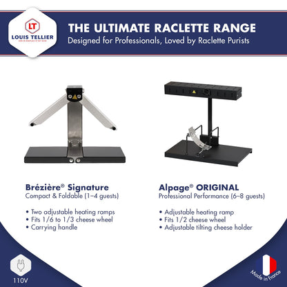 BRON COUCKE - Commercial Raclette Cheese Melter "Brézière" Basalte- Traditional French Raclette For Quarter Wheel – 4-Person - Adjustable Heating Rods - Foldable - Safety Switch - 110V