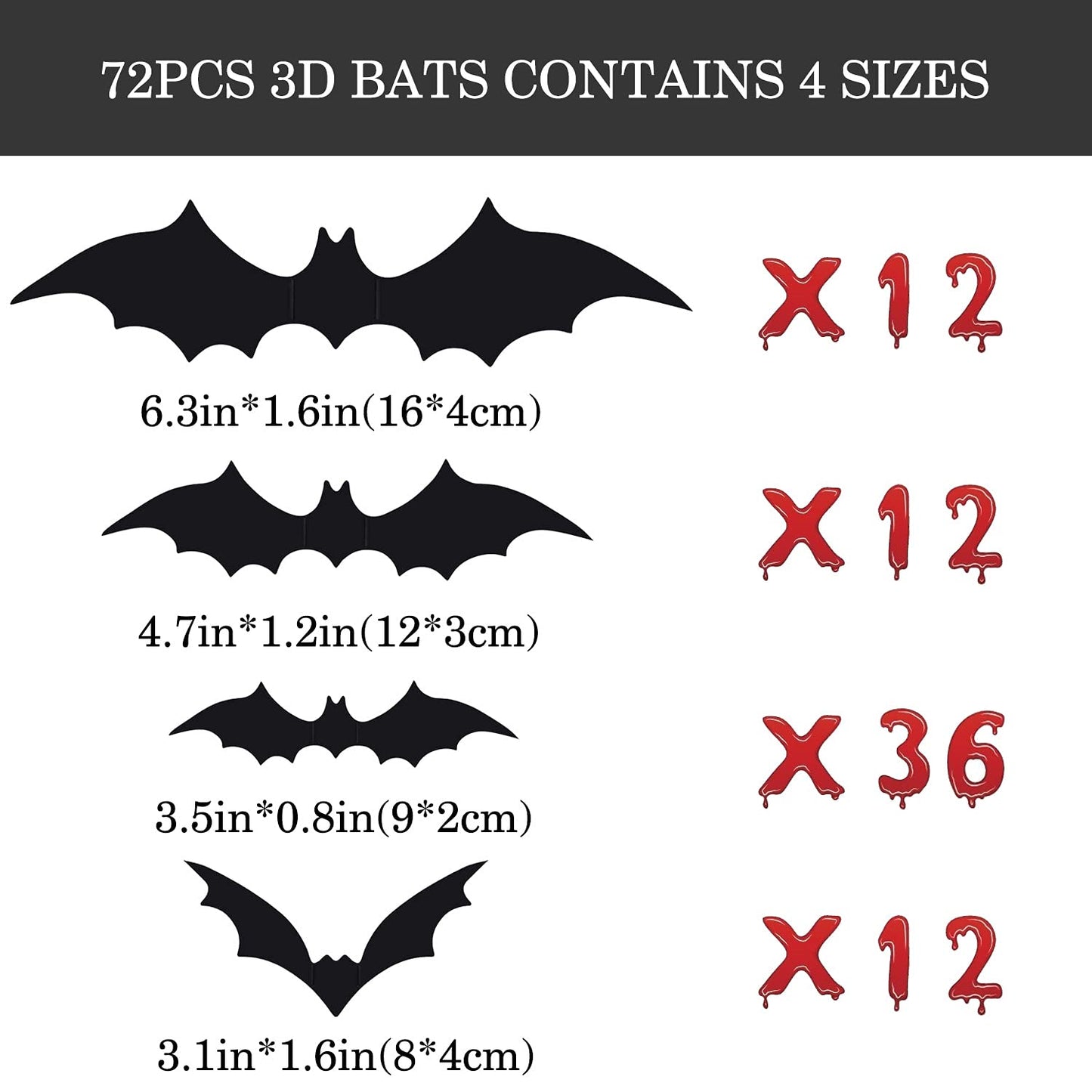72 PCS Halloween 3D Bats Decoration, DIY Scary Wall Bats Wall Decal Wall Stickers 4 Different Sizes Halloween Party Decoration Supplies