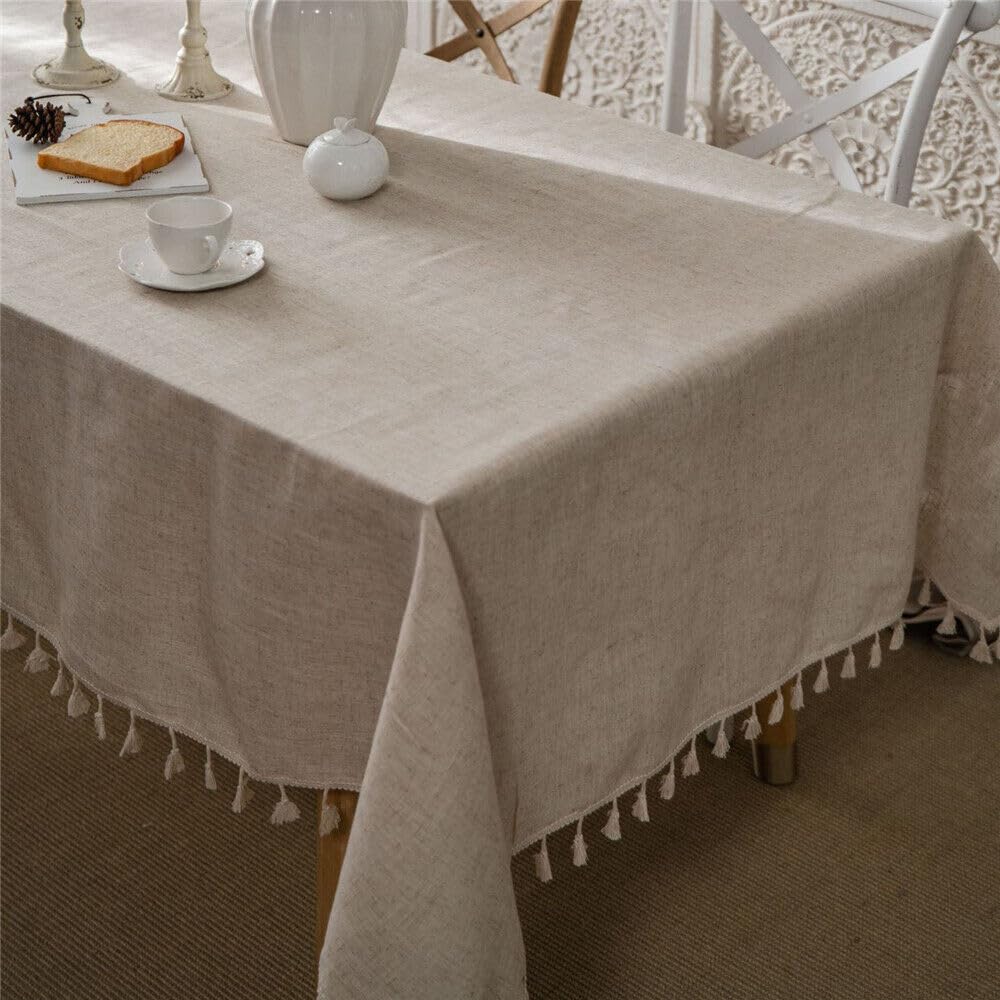 JaeMoose Washable Cotton Linen Tablecloths Fabric Tassel Tablecloth Dust-Proof Table Cover for Kitchen Dinning Tabletop Home Decoration Everyday Use (Linen, 140 x 180 cm)