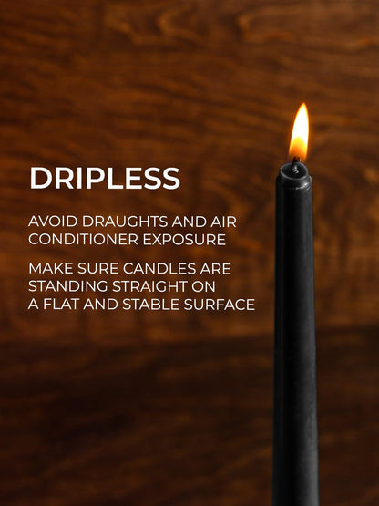 CANDWAX 10 inch Taper Black Candles Set of 4 — Dripless Tall Unscented Black Tapered Candle Sticks — Perfect for Household Decor, Dinner Centerpiece or Halloween Décor