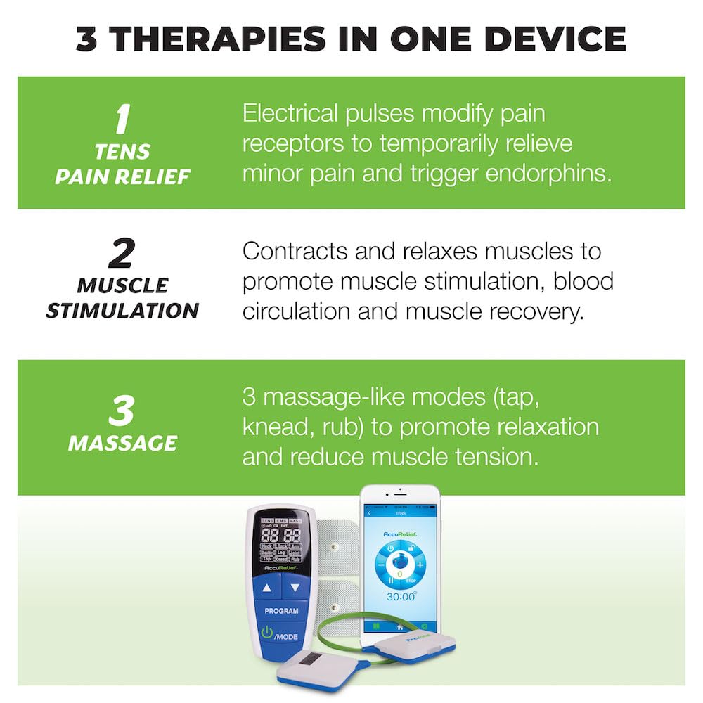 AccuRelief Wireless Tens Unit and EMS Muscle Stimulator - Includes Pulse Massager - Pain Relief Device with Remote and Mobile App, TENS Machine, TENS Device