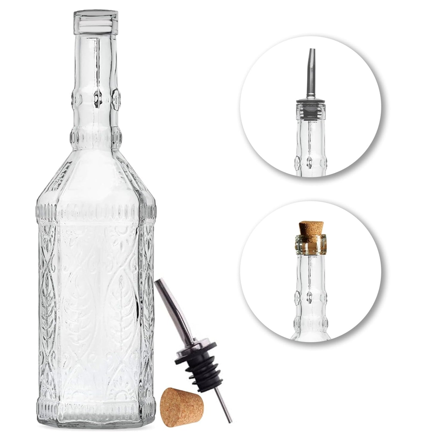 BULK PARADISE Large Clear Decorative Glass Bottle with Spout and Cork, 32oz, 1 Bottle - Design: VINO (3in X 11.9in)