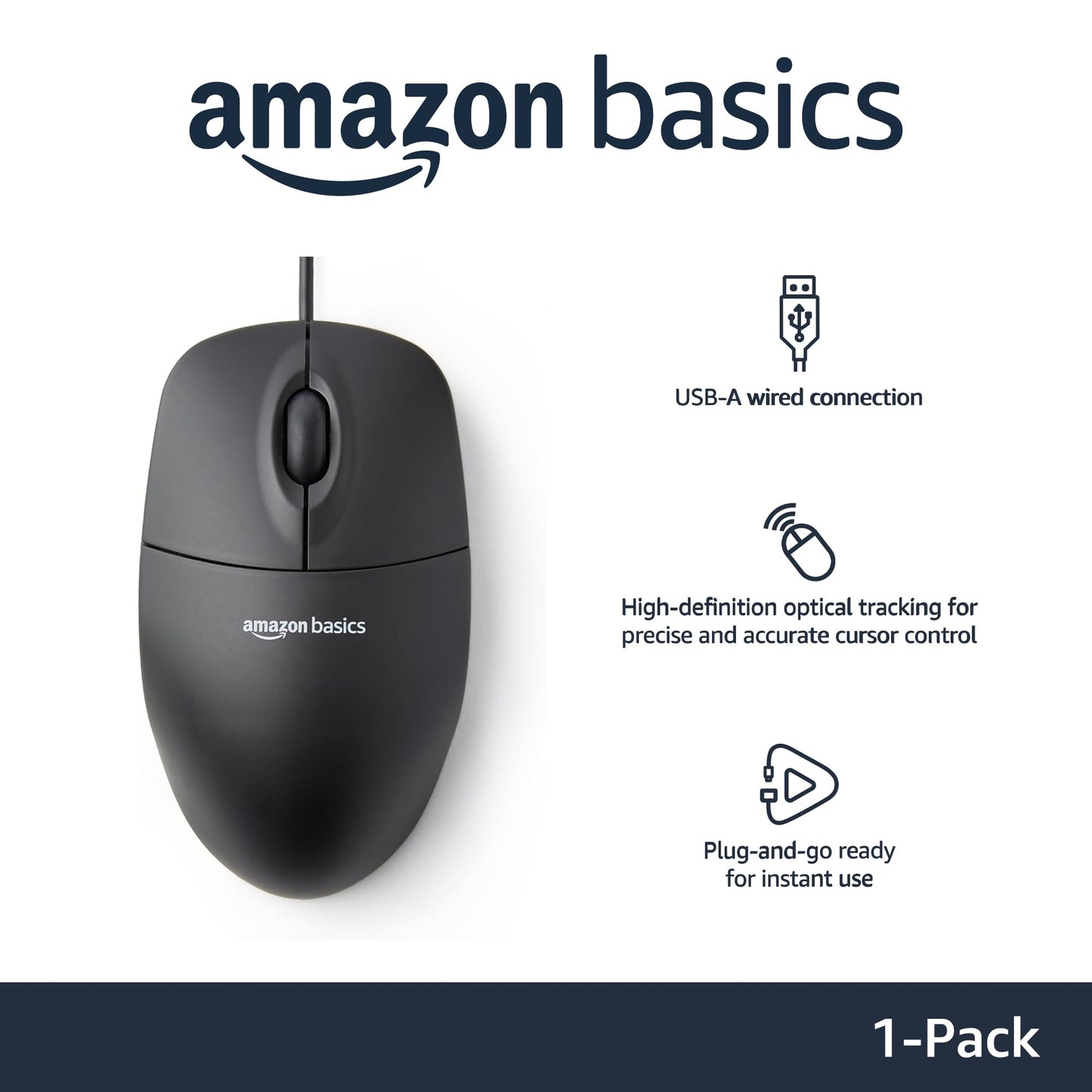 Amazon Basics 3-Button USB Wired Mouse with Scrolling and Tracking - Standard, Black