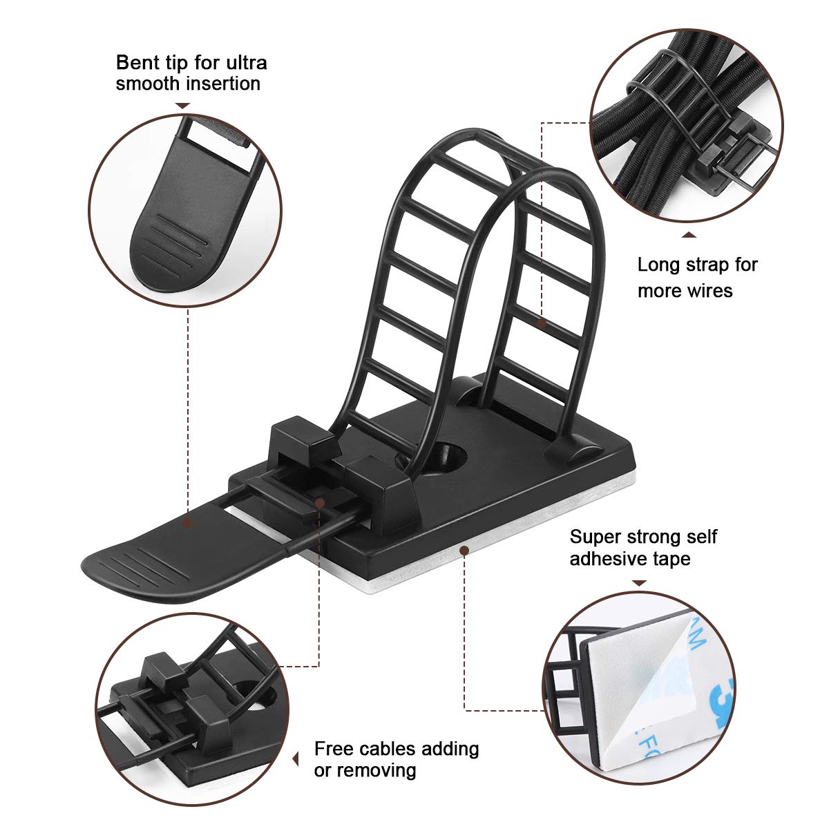 50Pcs Adjustable Adhesive Cable Management Clips, Nylon Cable Strap Ties Wire Clips Clamps Organizer with Strong Adhesive Tape, Extra Screw & Hole for Strong Fixation Home Office - 3.35 Inch Black