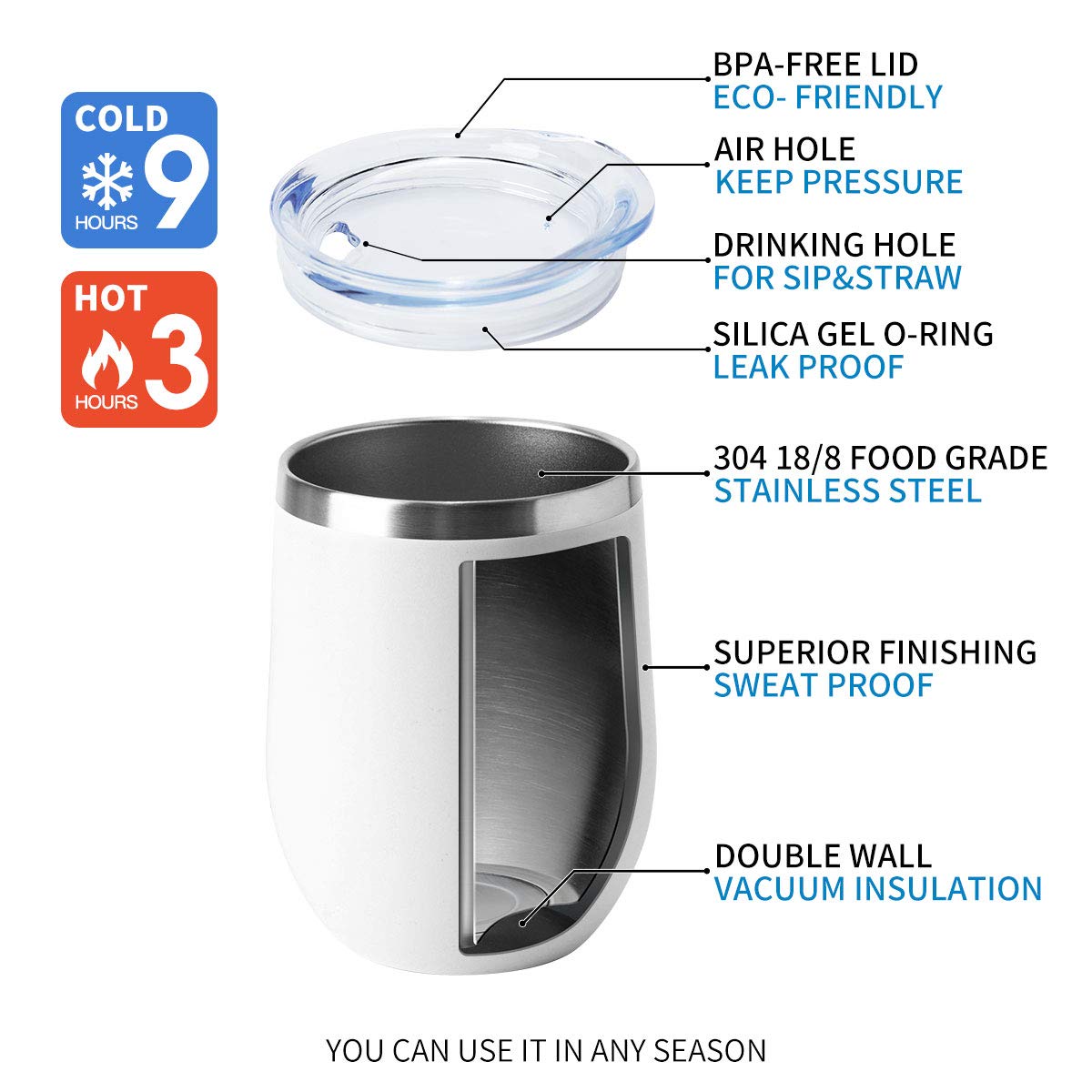 HASLE OUTFITTERS 12oz Wine Tumbler with Lid Stemless Wine Glasses Double Wall Vacuum Travel Mugs stainless steel Coffee Cup for Cold & Hot Drinks Wine Coffee Cocktails Beer 12 Pack White