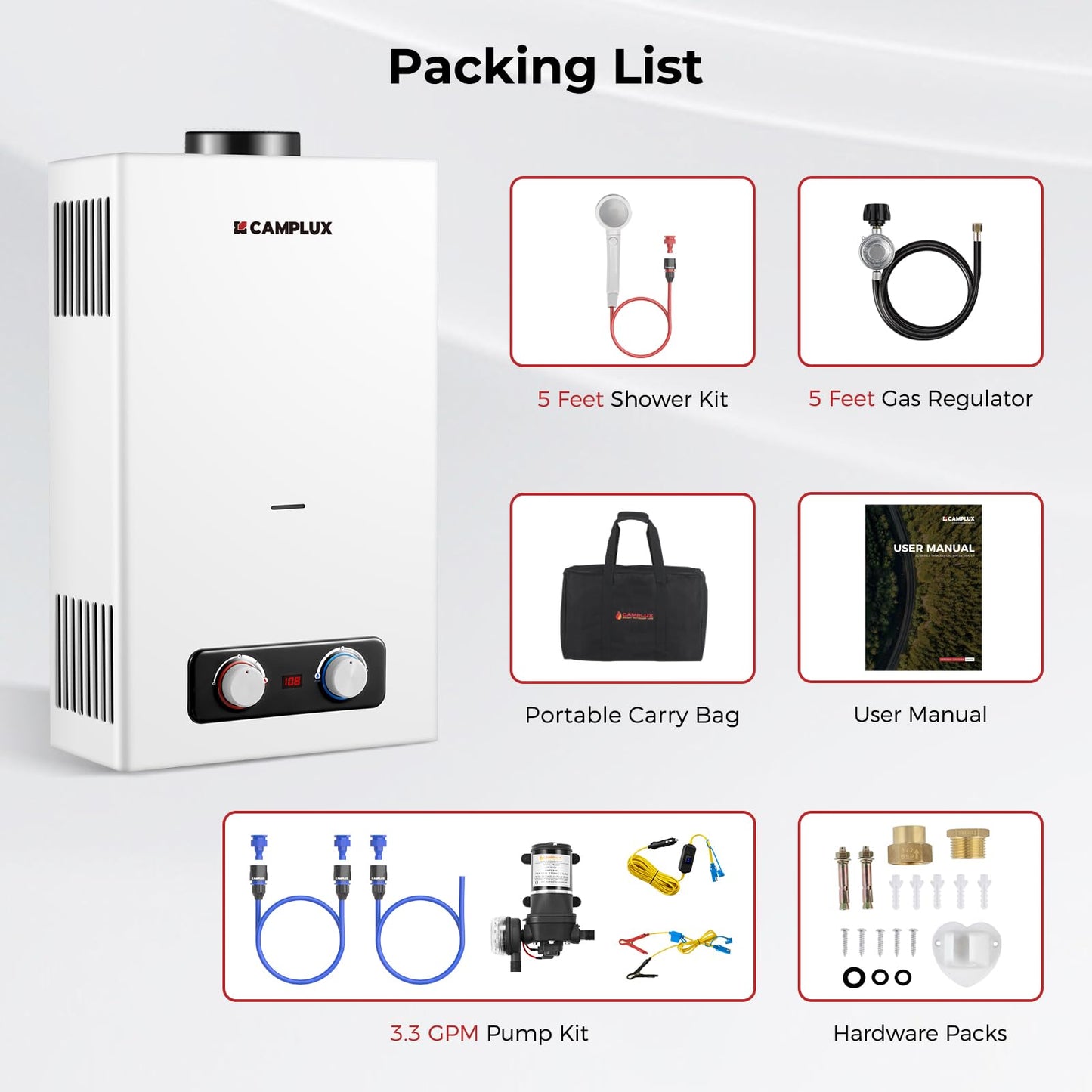 CAMPLUX Portable Propane Water Heater 2.64 GPM, Camping Water Heater with 3.3 GPM Water Pump Kit & Pipe Strainer, 68,000 BTU, BD264P120