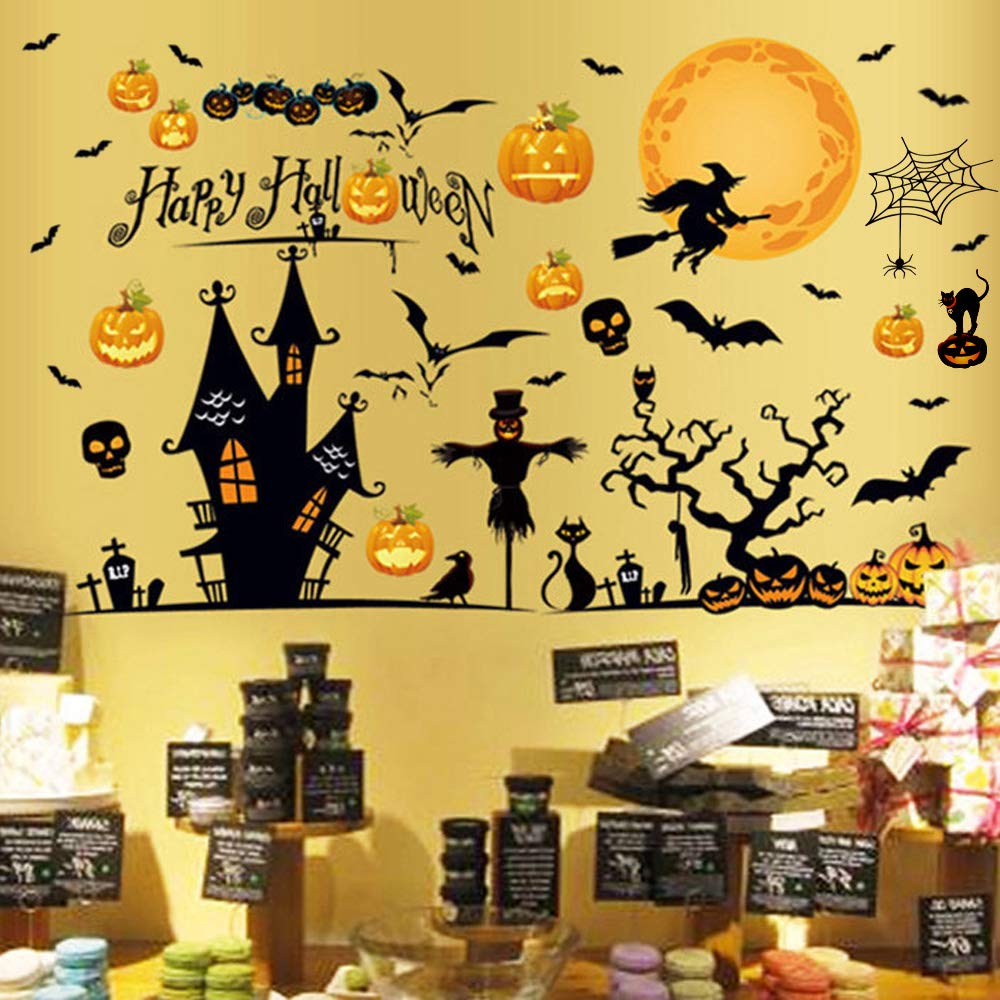 Happy Halloween Removable Wall Stickers Window Clings Art Decoration Vinyl Witch Bats Pumpkin Decals for Home Decor Indoor Outdoor