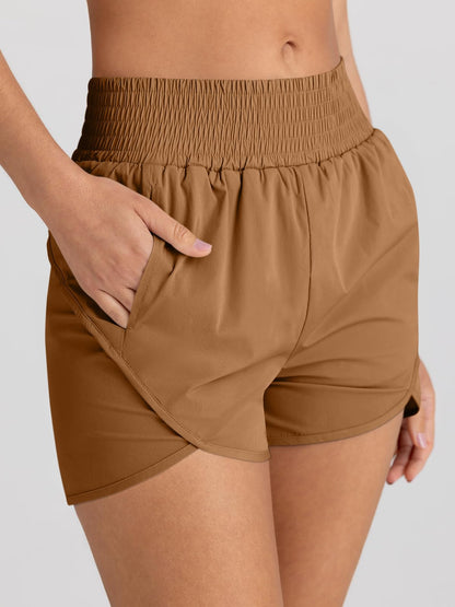 AUTOMET Womens Athletic Shorts High Waisted Running Pants Gym Workout Casual Sport Clothes with Pockets 2025 Brown