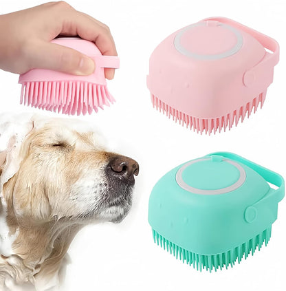 Bath Brush Scrubber Soft Silicone Pet Shower Grooming Shampoo Massage Dispenser For Short Long Haired Dogs And Cats (Blue+Pink)