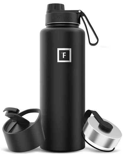 IRON °FLASK Camping & Hiking Hydration Flask with 3 Lids - Stainless Steel, Double Walled & Vacuum Insulated Water Bottle - Leak Proof & BPA Free (Midnight Black, Spout - 40 oz)