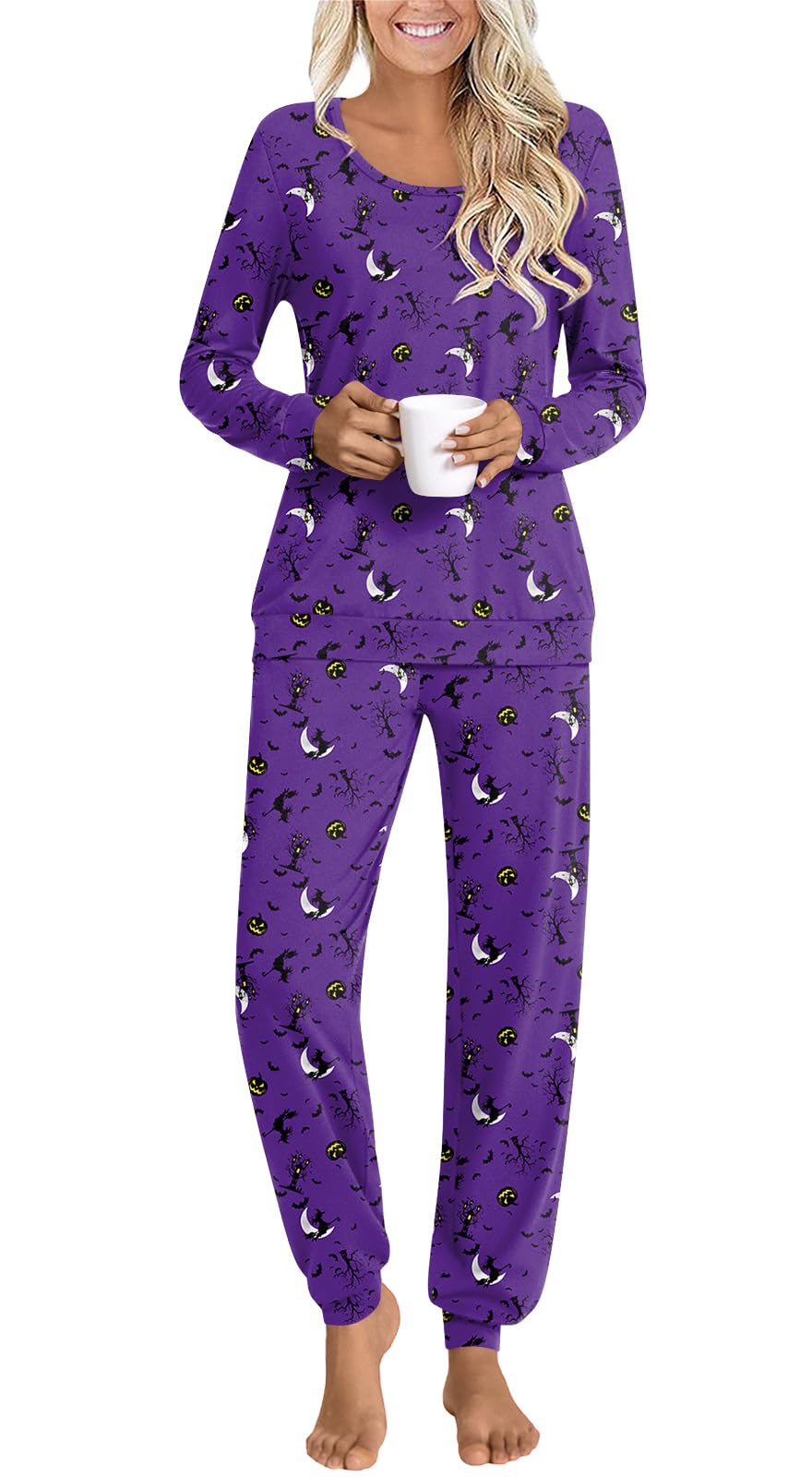 HOTGIFT Womens Pajamas Sets, 2 Piece Lounge Pjs Set Long Sleeve Long Pant Ladies Sleepwear with Pockets Halloween Purple Medium