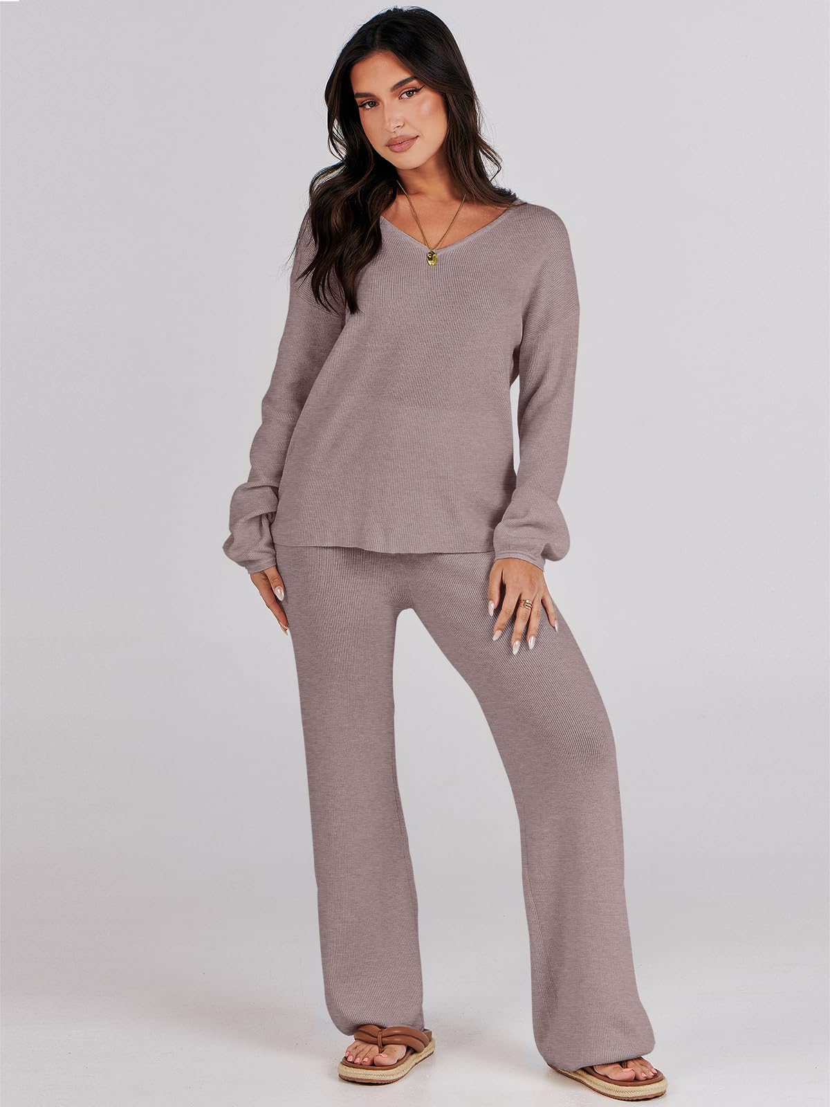 ANRABESS Women 2 Piece Outfits Sweater Lounge Sets Long Sleeve Cable Knit Pullover and Wide Leg Pants Tracksuit Matching Set Medium