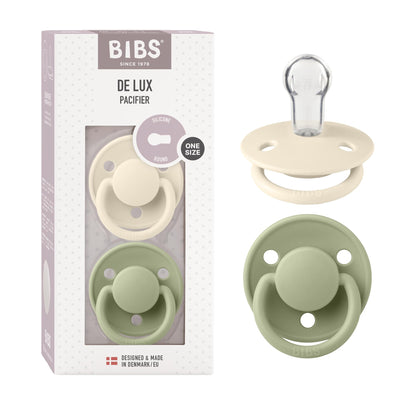 BIBS Pacifiers - De Lux Collection | BPA-Free Round Nipple | Silicone | Made in Denmark | Set of 2 Ivory/Sage Color Premium Soothers | Size One Size
