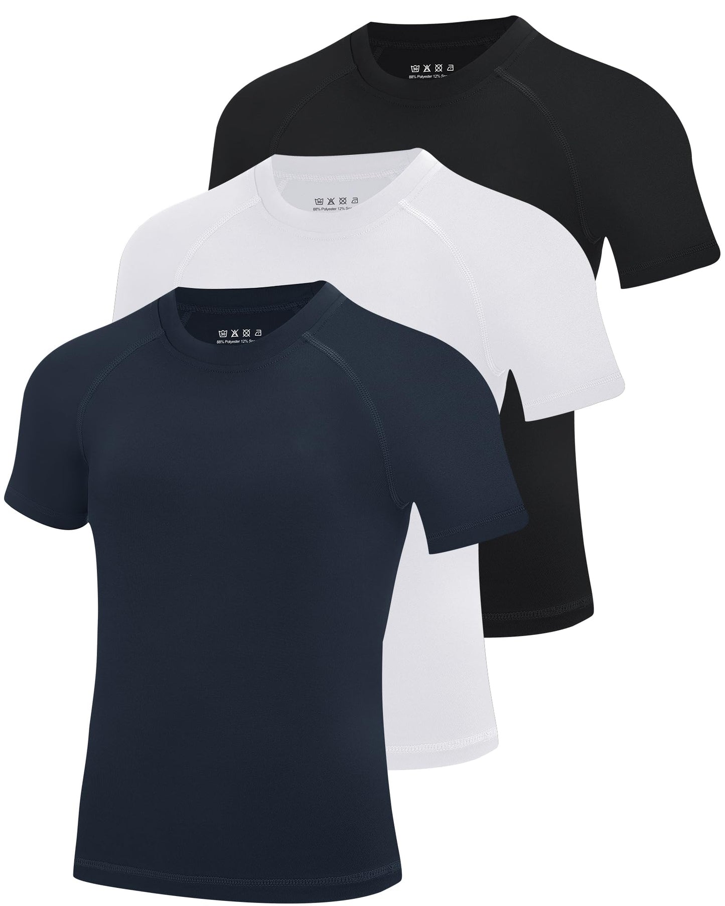Blueleaf 3 Pack Boys Compression Shirt Short Sleeve Youth Basketball Football Undershirt Kids Quick Dry Athletic Base Layer T-Shirt Black+White+Navy Blue L